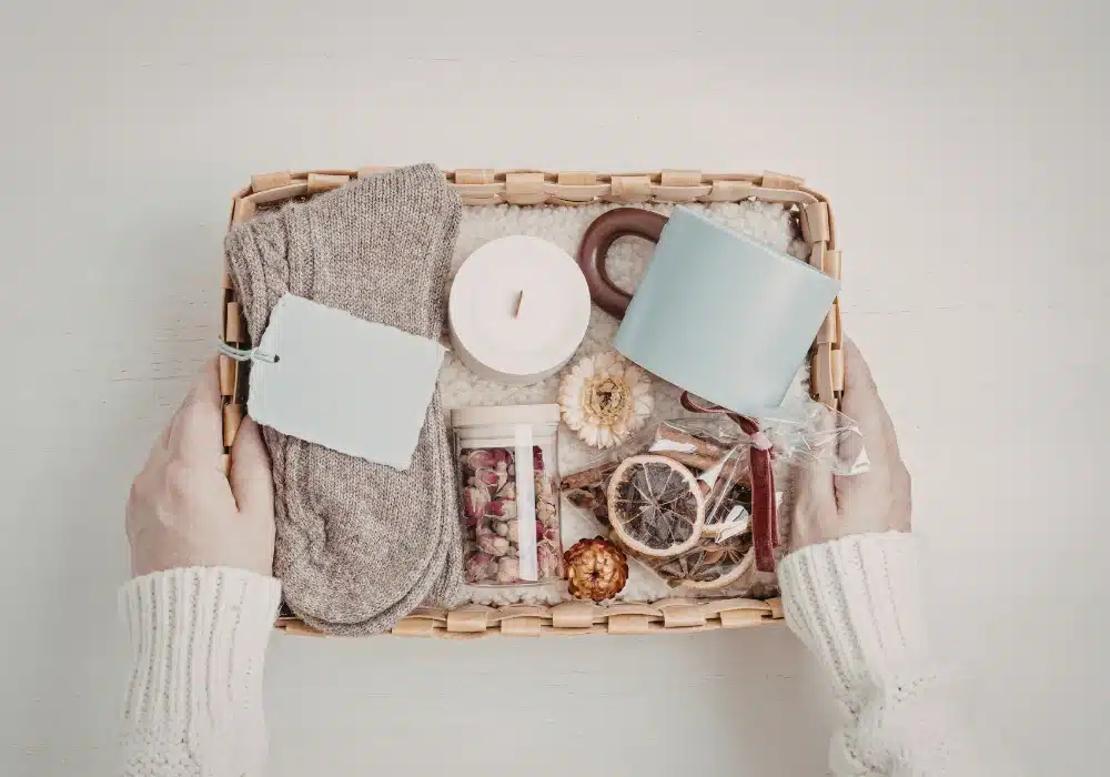 Beautiful curated gift basket with ribbons and premium items — how to start a gift basket business from home in 2026