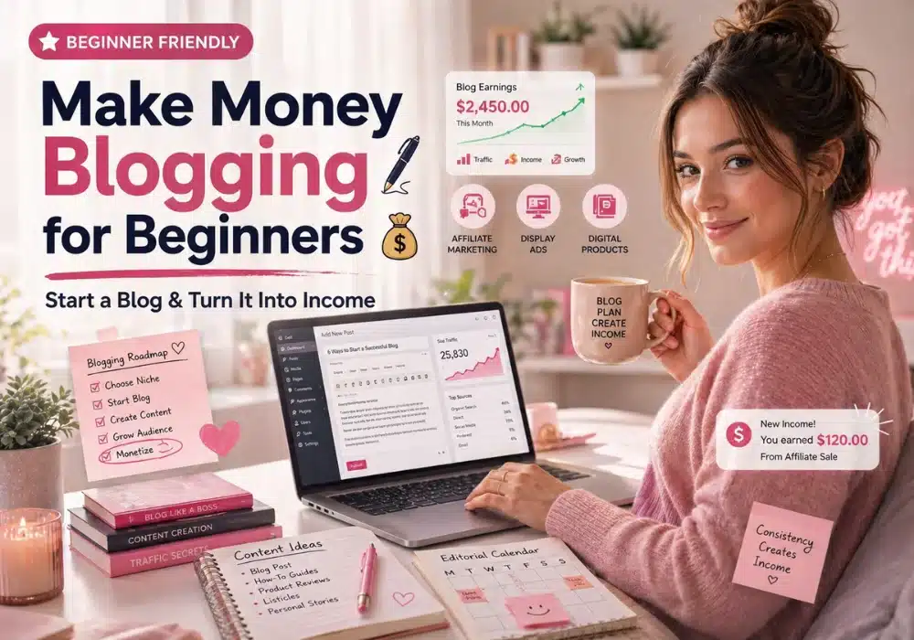 Blogging income system — visual of analytics and revenue growth