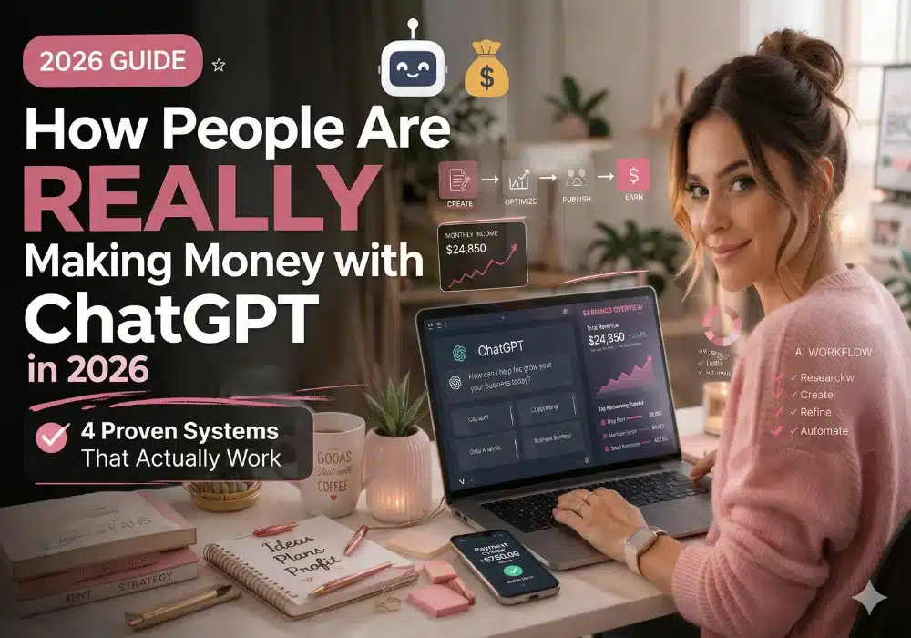 Woman using ChatGPT to make money online in 2026 — 4 proven systems