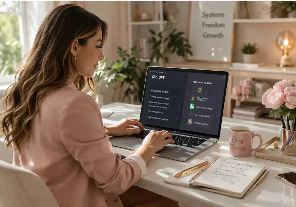 Woman consulting on AI workflow automation as a high-earning ChatGPT business
