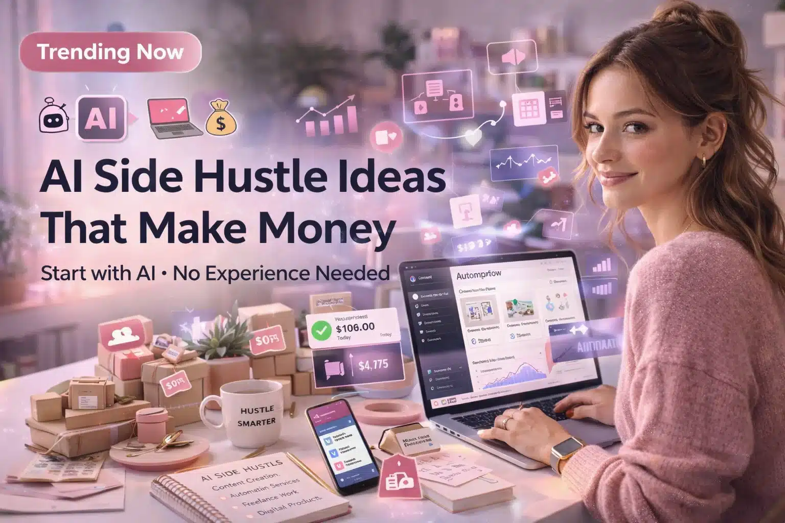 Woman working on AI side hustle ideas on laptop at home in 2026