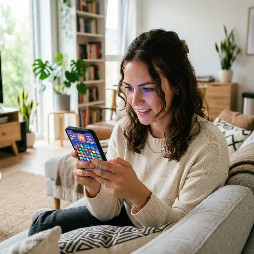 Focused woman playing competitive skill-based cash game on smartphone