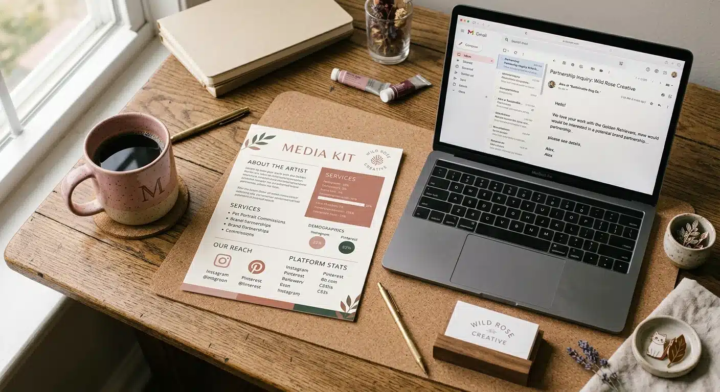 Flat-lay of a printed media kit next to a laptop showing a brand partnership email, coffee cup and business cards, clean and aspirational