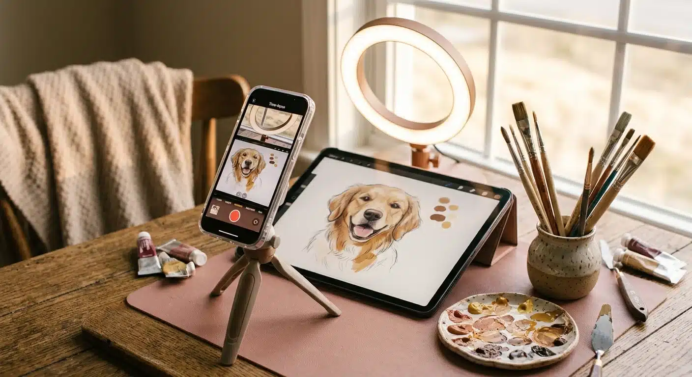 Smartphone on a tripod filming a time-lapse of a painting in progress with ring light, paintbrushes, and palette in frame, warm behind-the-scenes feel