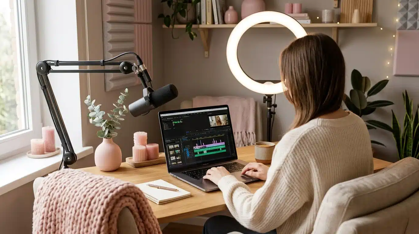 Home studio setup with a ring light, microphone, and laptop showing a video editing timeline, no visible face, soft pink and neutral color accents