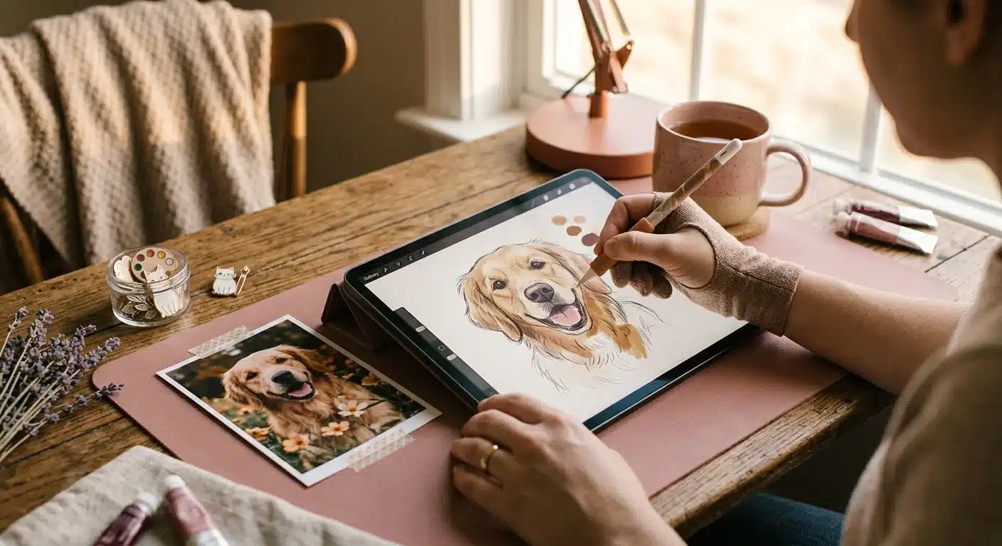 Close-up of an artist's hands sketching a custom pet portrait commission on an iPad with a reference photo taped to the desk, warm cozy home studio
