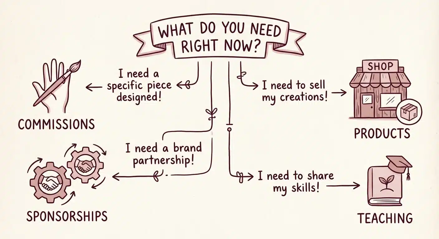 Hand-drawn decision flowchart illustration showing four paths branching toward commissions, sponsorships, products, and teaching in dusty pink and dark burgundy