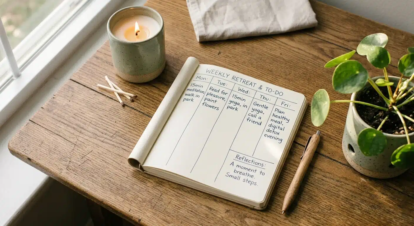 Cozy desk scene with a paper planner open to a weekly to-do list, a candle, and a small plant, warm natural light streaming in
