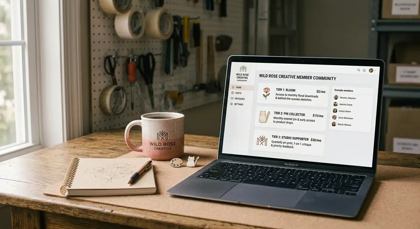 Laptop screen showing a Patreon-style membership dashboard with tiers listed, next to a sketchbook and a mug on a warm wooden desk