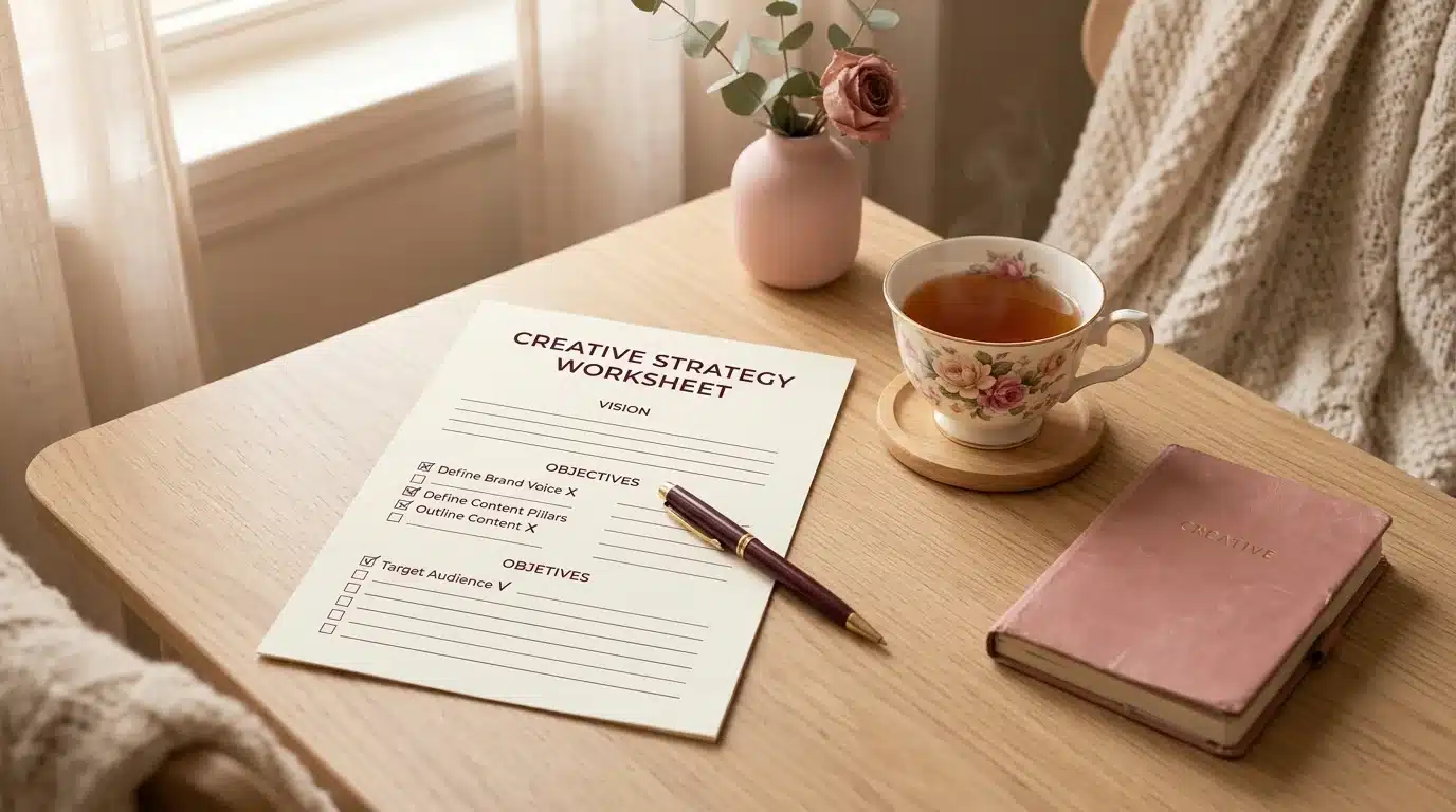 Overhead photo of a printed worksheet on a desk with a pen and a cup of tea, soft pink and cream tones, cozy home office setting