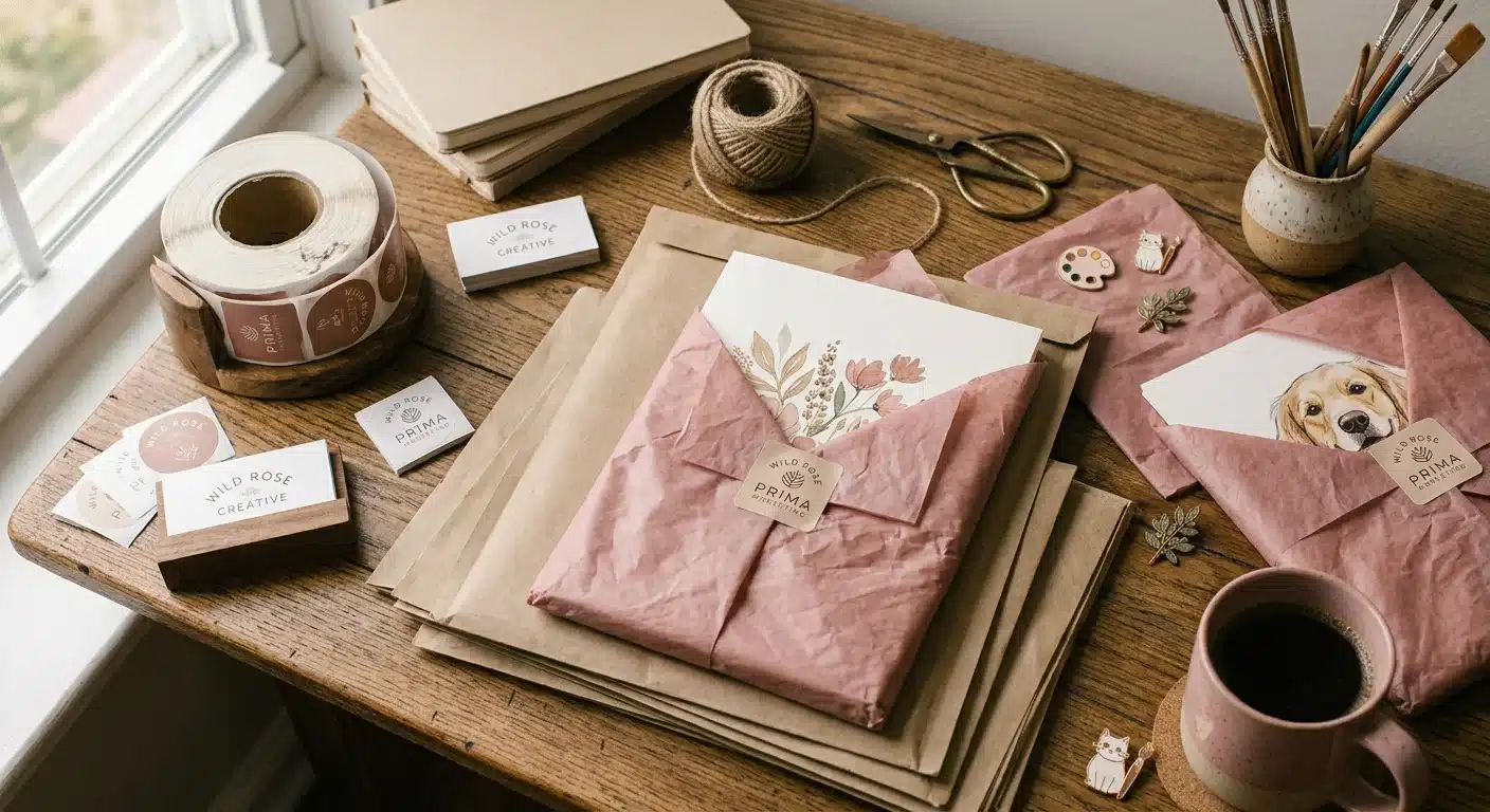 Cozy packaging station with kraft paper mailers, dusty pink tissue paper, branded stickers, and art prints being wrapped for shipping, overhead flat-lay