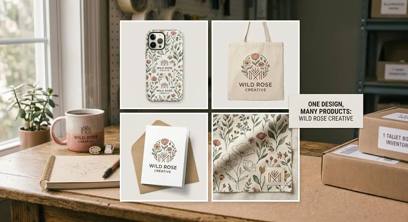 Mockup grid showing one piece of art applied across a phone case, tote bag, greeting card, and fabric swatch in a flat-lay arrangement