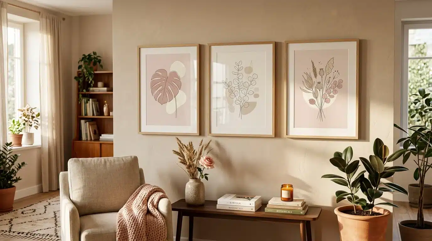 Cozy living room wall with three framed minimalist botanical art prints in soft pink and neutral tones, warm afternoon light