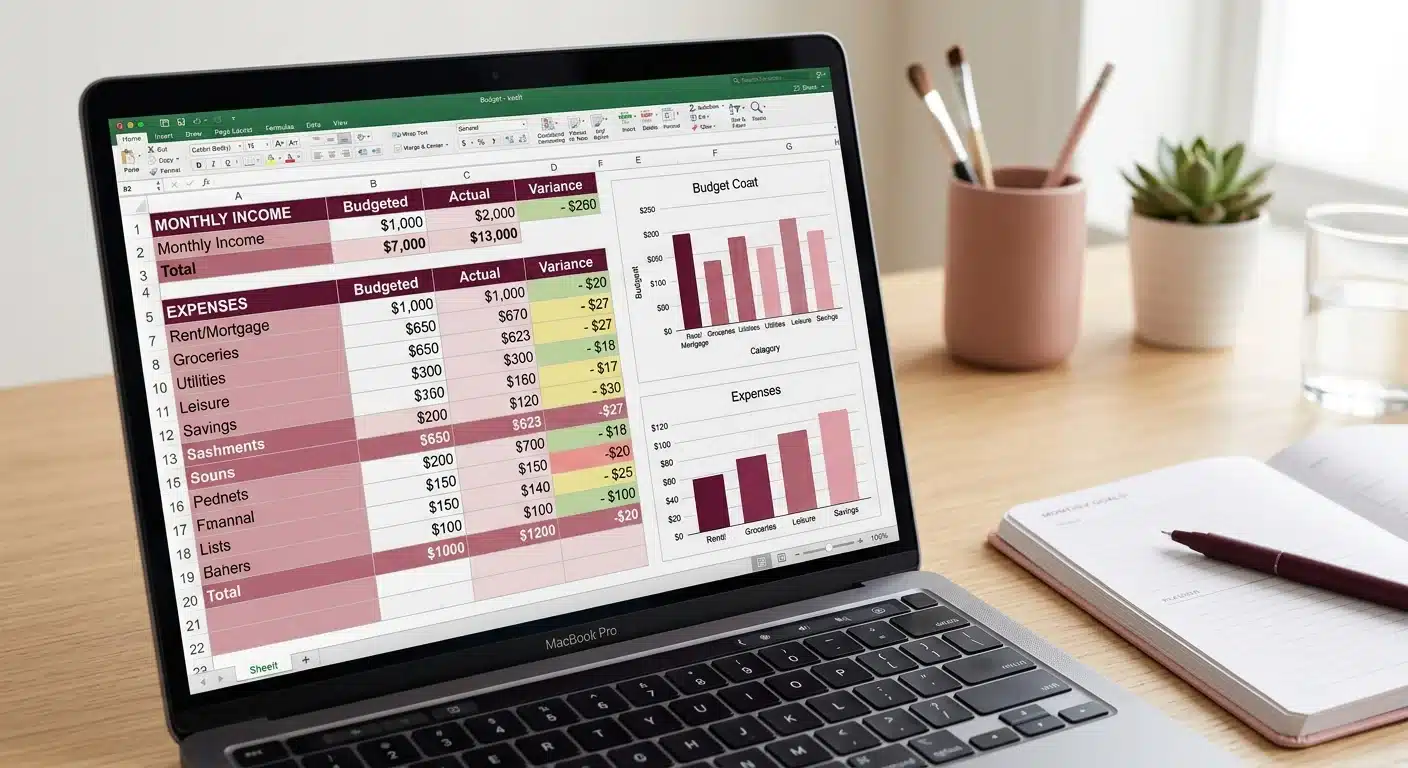 Close-up of a laptop screen showing a colorful budget spreadsheet with pink and burgundy accent colors, desk with a planner and pen nearby