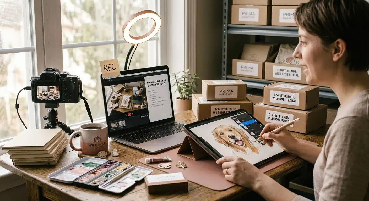 An artist sitting at a desk recording a tutorial on a laptop with a tablet showing a drawing lesson, ring light and warm home studio setting