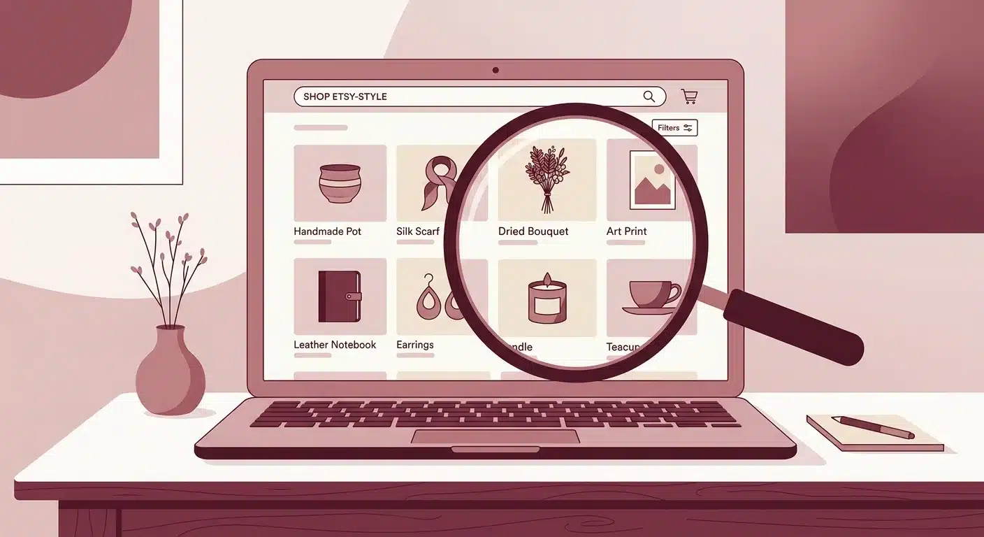Illustration of a magnifying glass over a laptop screen showing an Etsy-style shop grid, flat design, dusty pink and burgundy palette