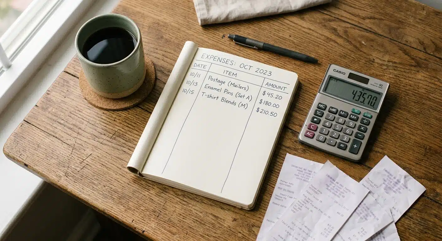Flat-lay of a small calculator, notebook with handwritten expense columns, receipts, and a cup of coffee, muted warm tones