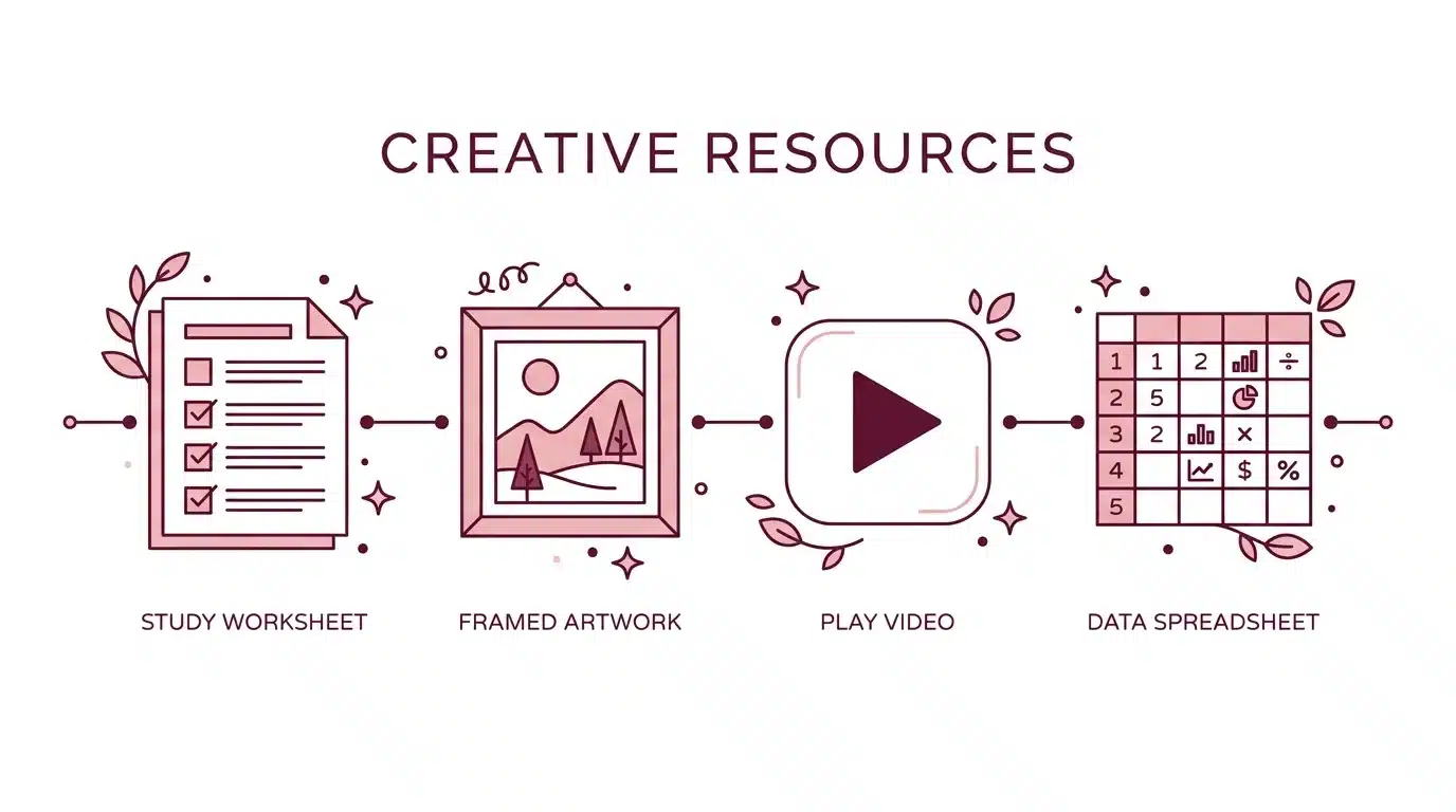 Simple infographic illustration showing four icons representing worksheets, wall art, a play button, and a spreadsheet grid in dusty pink and burgundy