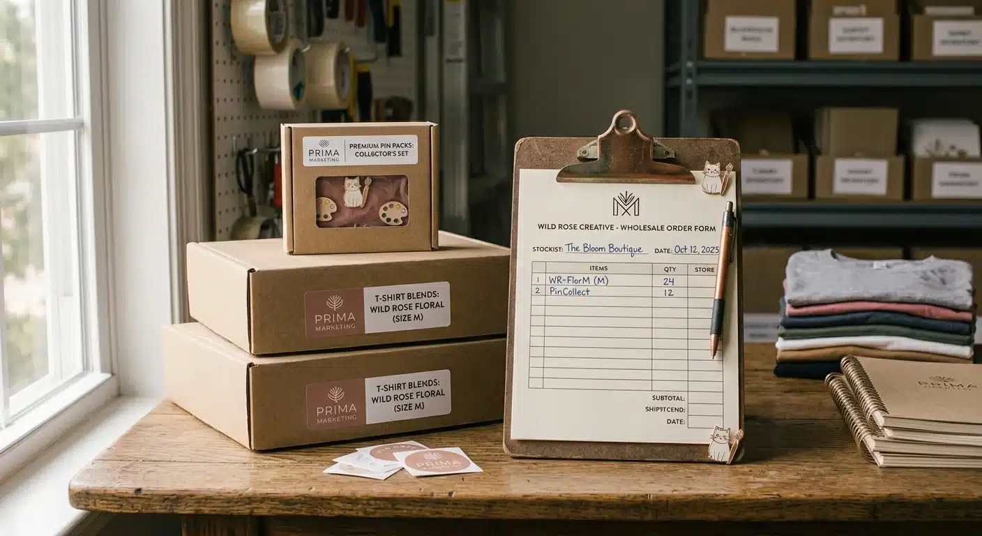 Small stack of boxed inventory next to a clipboard with a wholesale order form in a home studio setting, practical and business-in-motion feel