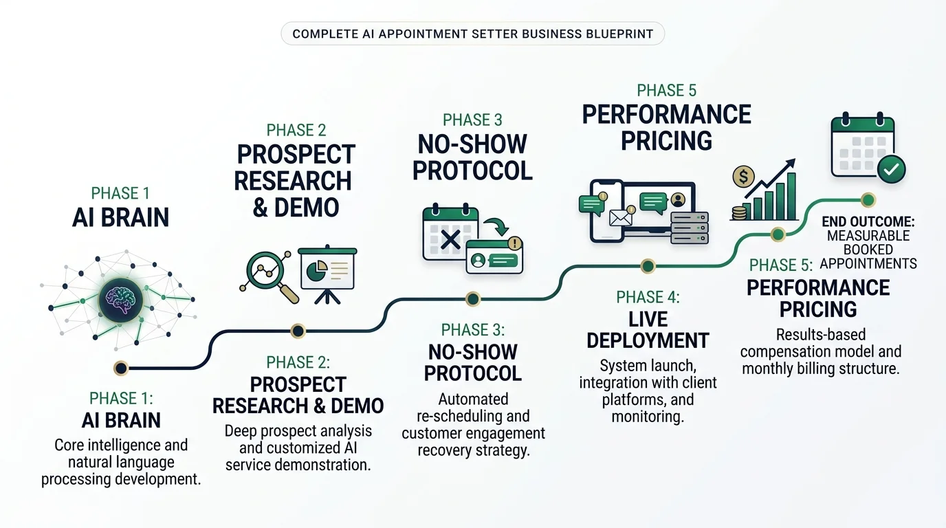 Clean five-phase roadmap graphic labeled Phase 1 through Phase 5 in dusty pink and dark burgundy showing the full AI appointment setter business launch process