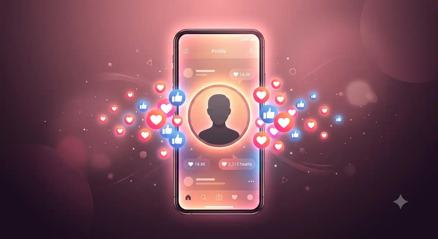 Abstract stylized illustration of a smartphone displaying a virtual creator profile silhouette, dusty pink and burgundy tones