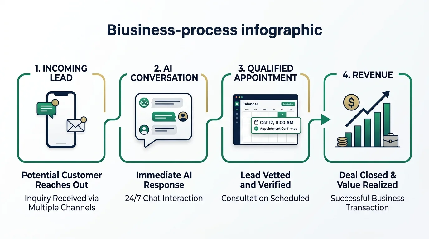 Simple funnel diagram showing inquiry at the top flowing down to booked appointment — illustrating the outcome-focused business pitch