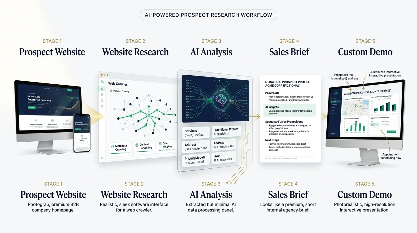 Step-by-step graphic showing Firecrawl crawling a website, extracting service details and FAQs, and feeding them into a sales-call brief document
