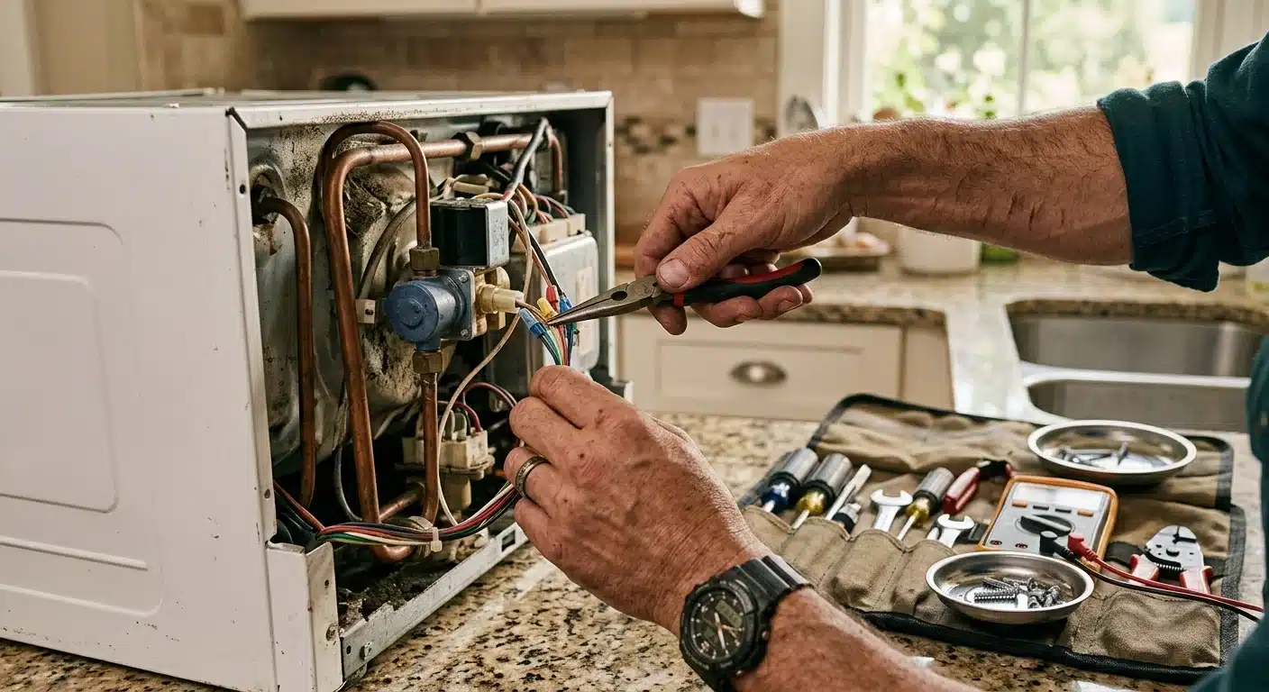 Close-up photo of a technician's hands repairing a home appliance with a tool kit open beside them, natural light, candid style