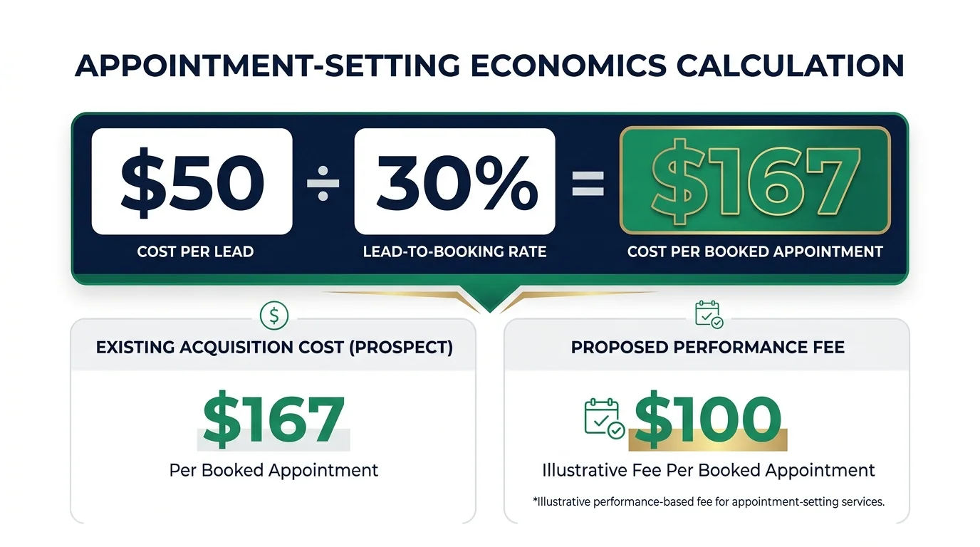 Clean infographic showing the cost-per-booked-appointment formula: Cost Per Lead divided by Lead-to-Booking Rate equals dollar-167, with a proposed fee of dollar-100 highlighted