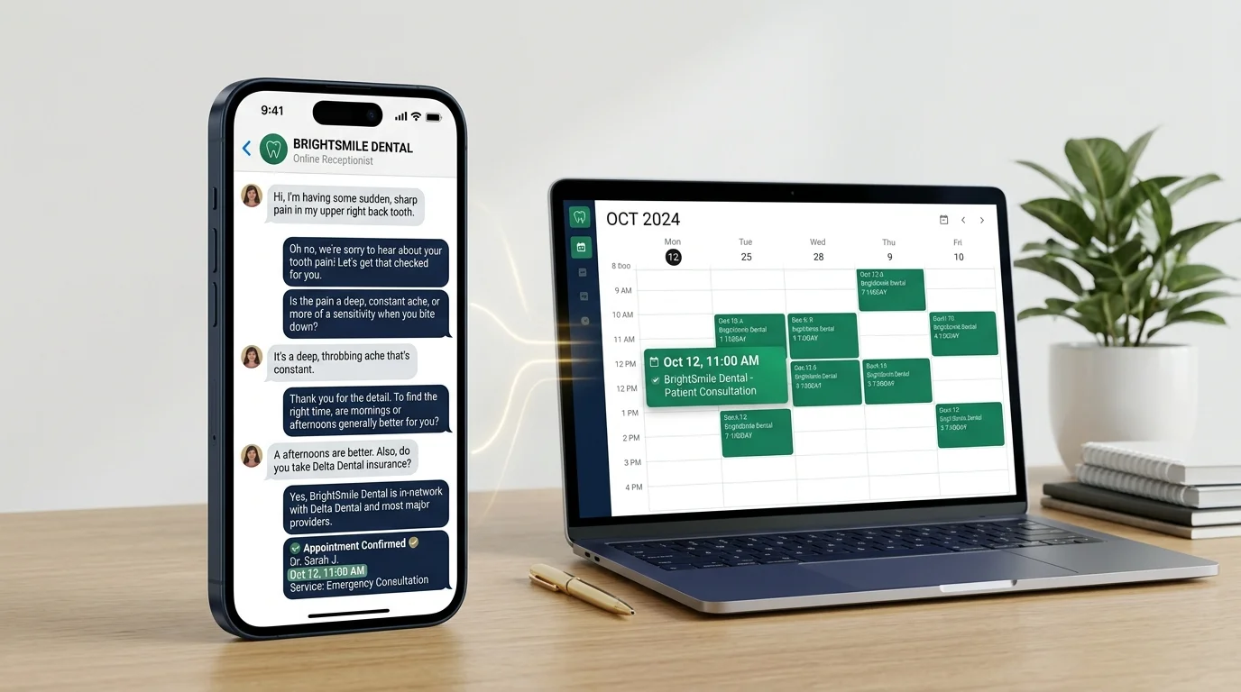 Mockup of a WhatsApp-style chat interface showing an AI appointment setter conversation branded for a dental clinic prospect