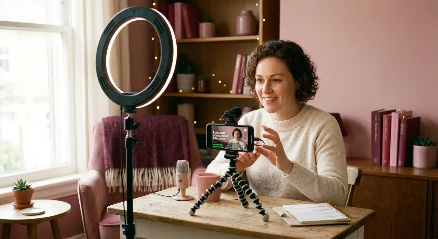 Woman filming video content with a smartphone on a tripod at a home desk with ring light glow and cozy room background