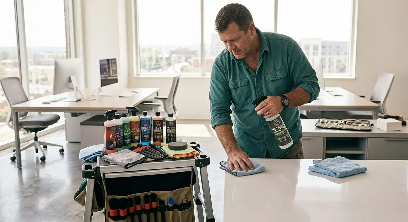 Photo of a person cleaning a bright modern office or home space, spray bottle and cloth in hand, natural light