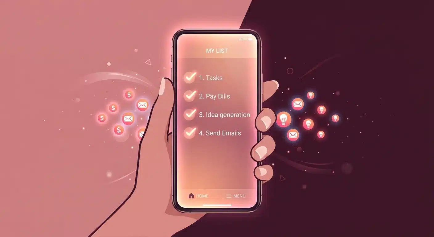 Checklist graphic featuring step-by-step action items for launching an online AI side hustle, dusty pink and burgundy palette