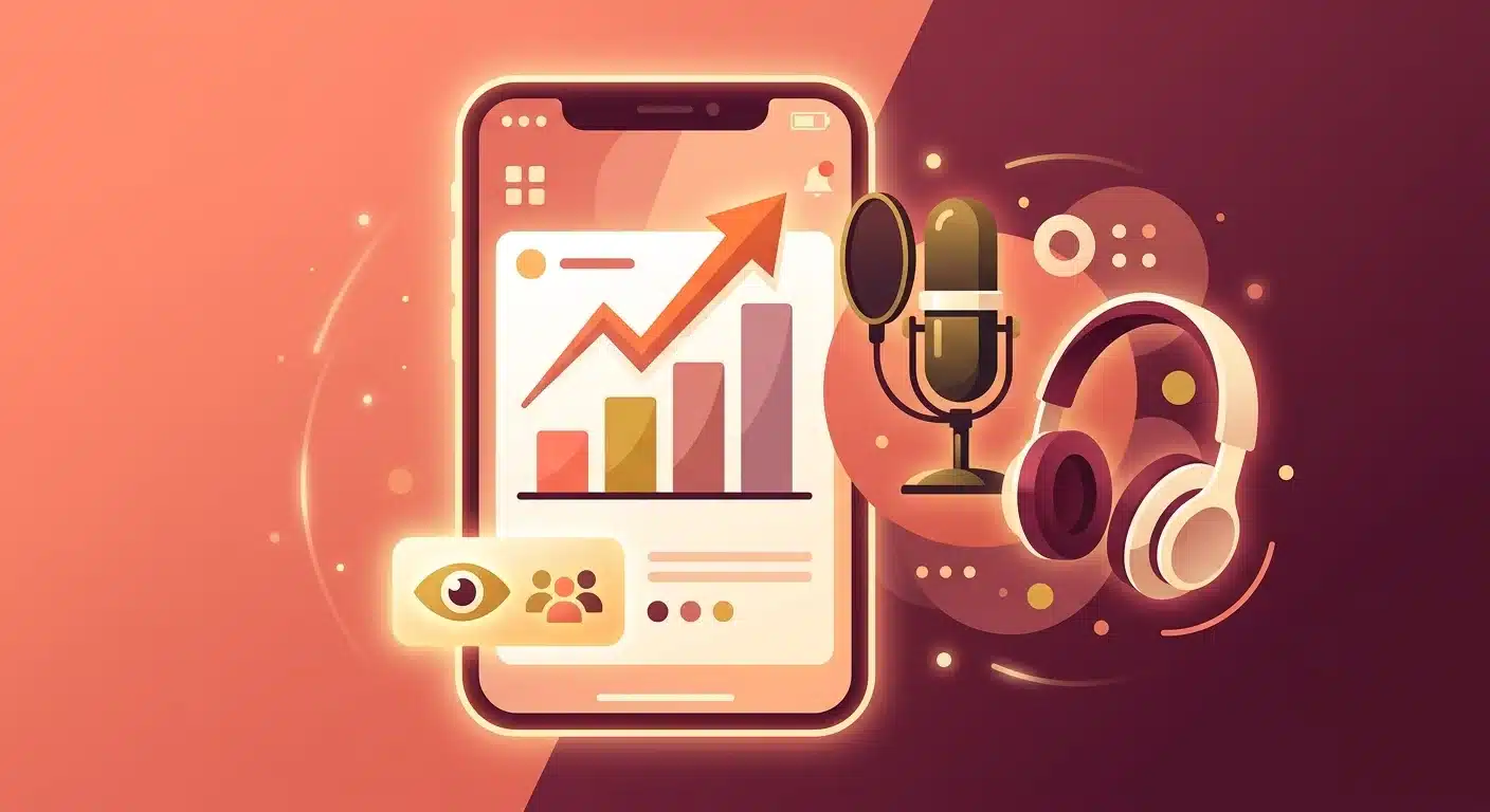 Tablet displaying growing video analytics and revenue charts next to studio headphones on a wooden desk