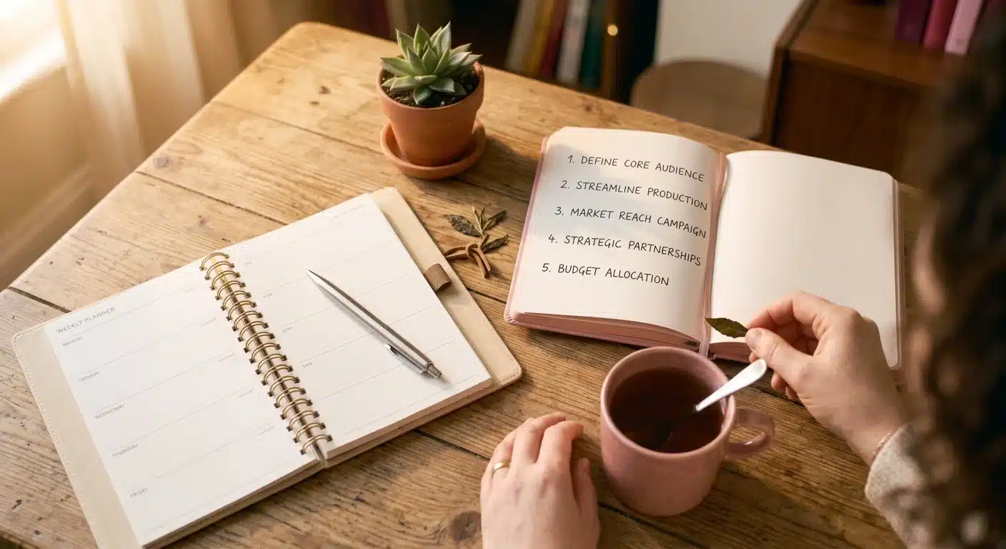 Flat lay of a planner, notebook, and pen beside a warm cup of tea with key strategic points noted