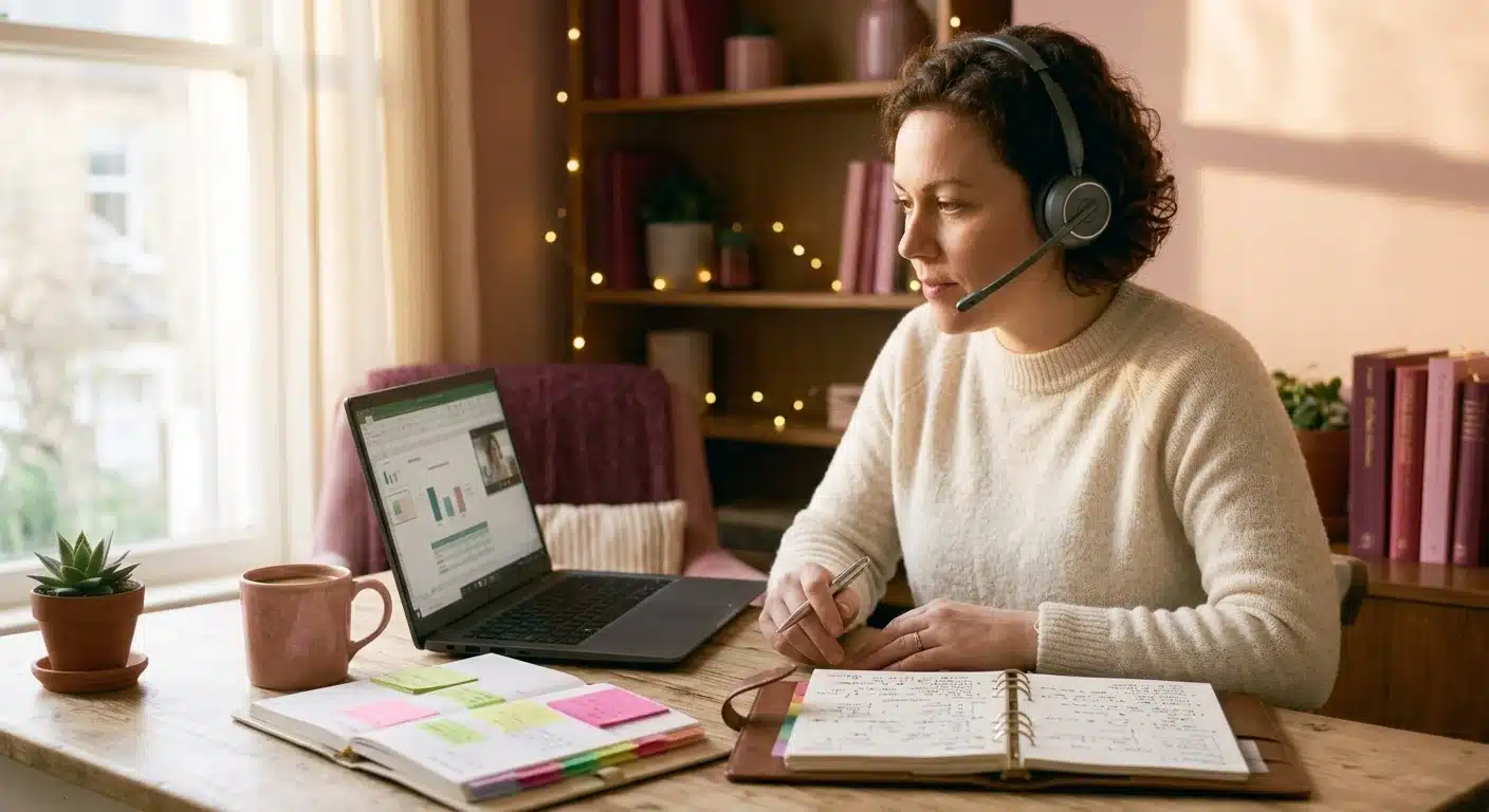 Woman working at a home office desk with headset on, open planner and notebook beside laptop, focused professional mood