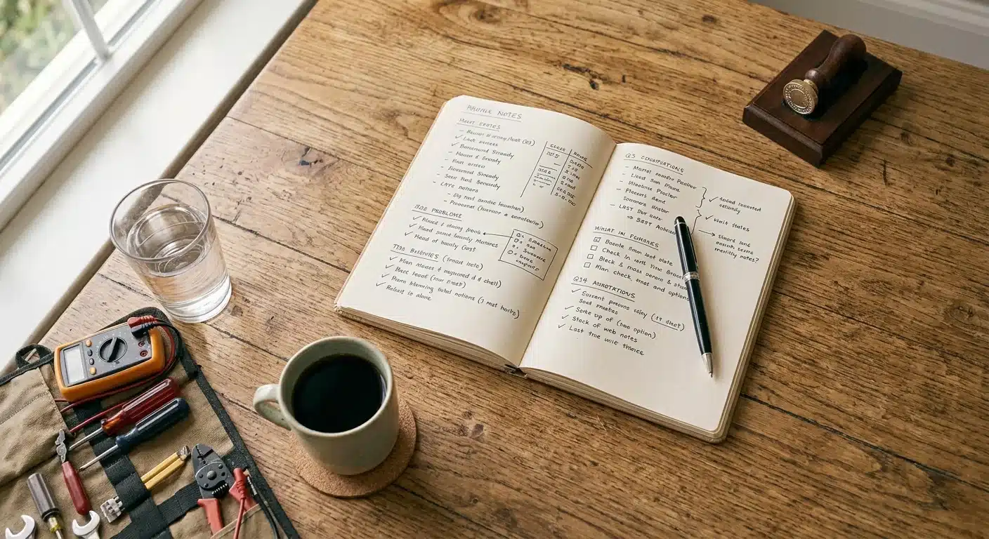 Flat-lay photo of a notebook with handwritten notes, a pen, and a coffee cup on a wooden table, top-down angle, natural light