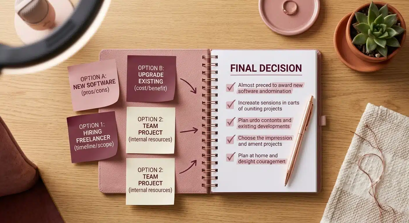 Flat lay of a planner, sticky notes, and checklist on a wooden desk in soft dusty pink and burgundy tones