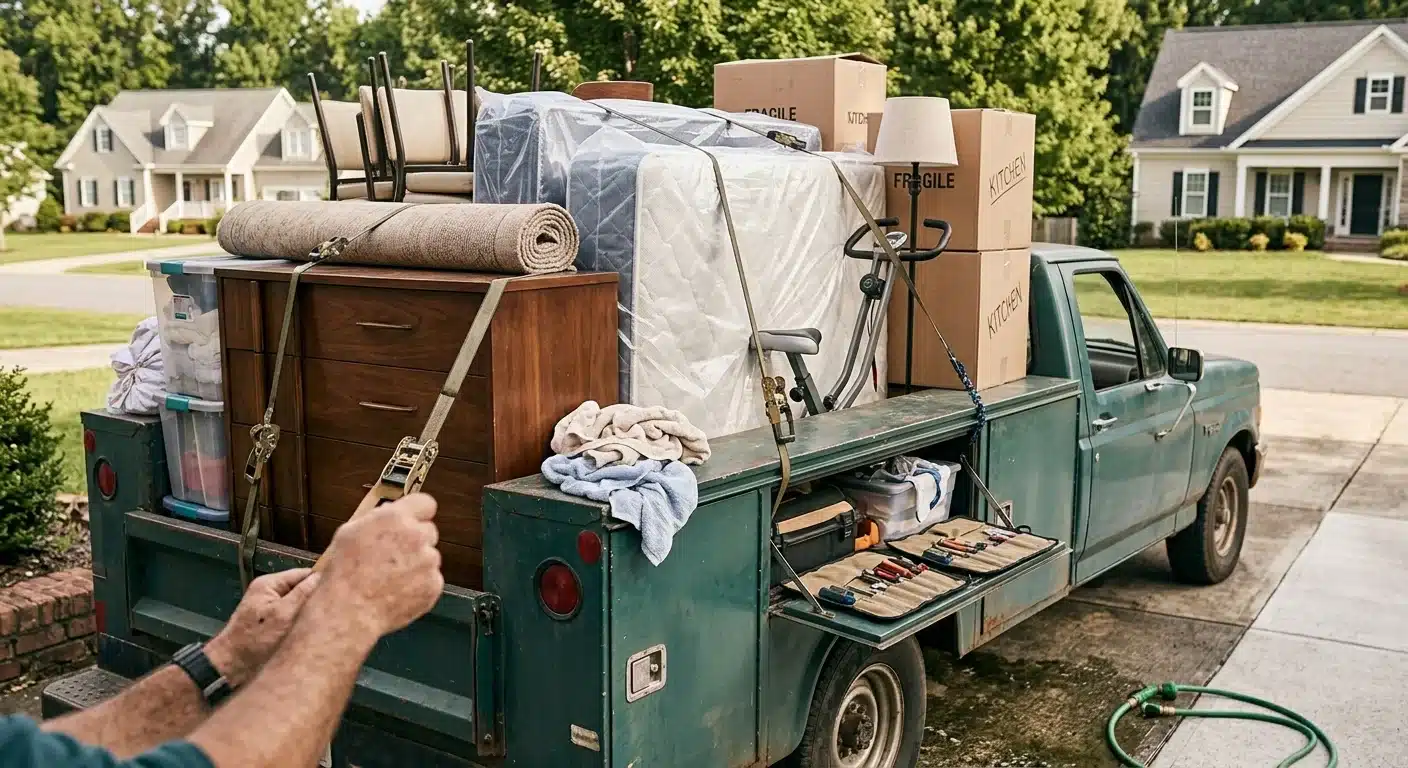 Photo of a pickup truck or trailer loaded with furniture and household items ready for hauling, driveway setting, daytime