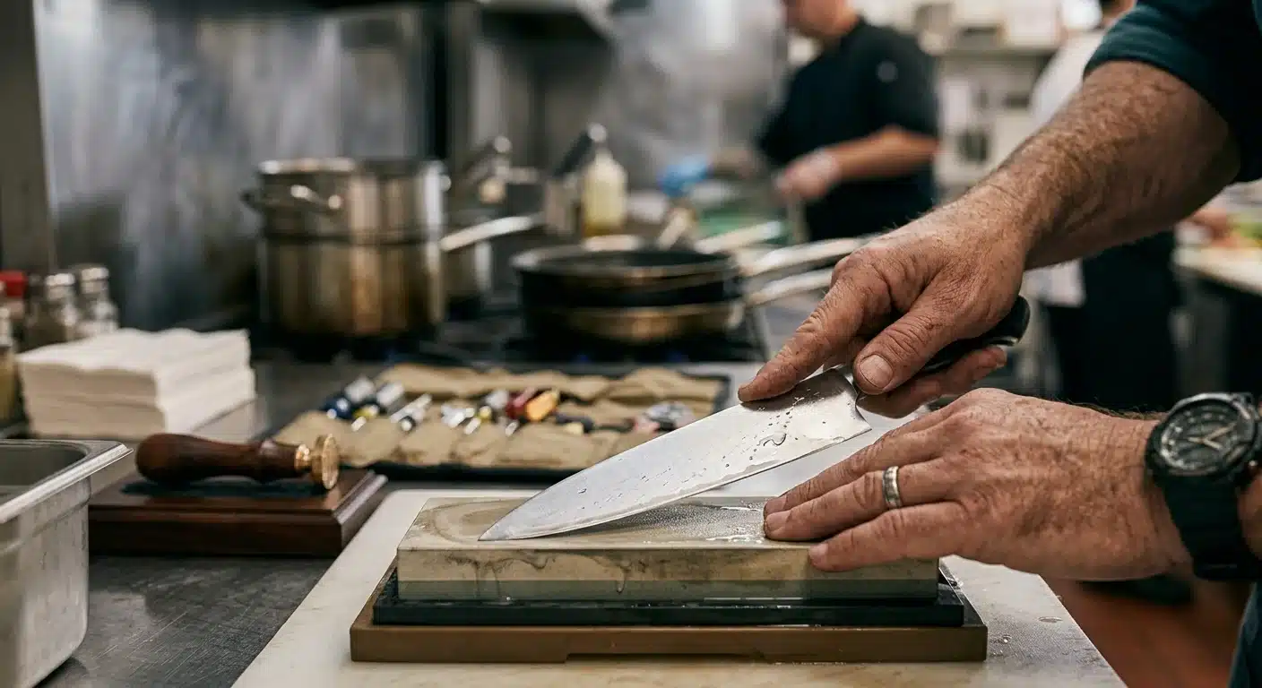 Close-up photo of a chef's knife being sharpened on a belt sharpener with blurred restaurant kitchen background