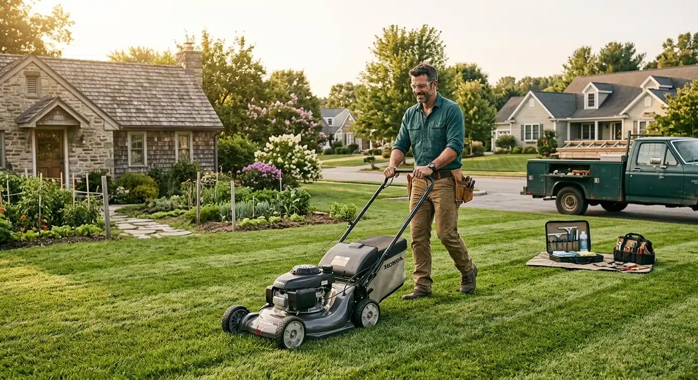 Photo of a lawn care worker pushing a mower across a neatly striped residential lawn, morning light, suburban setting