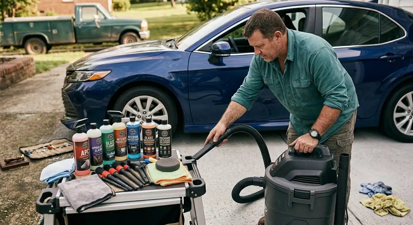 Photo of someone vacuuming and detailing the interior of a car in a driveway, detailing supplies visible, bright daylight