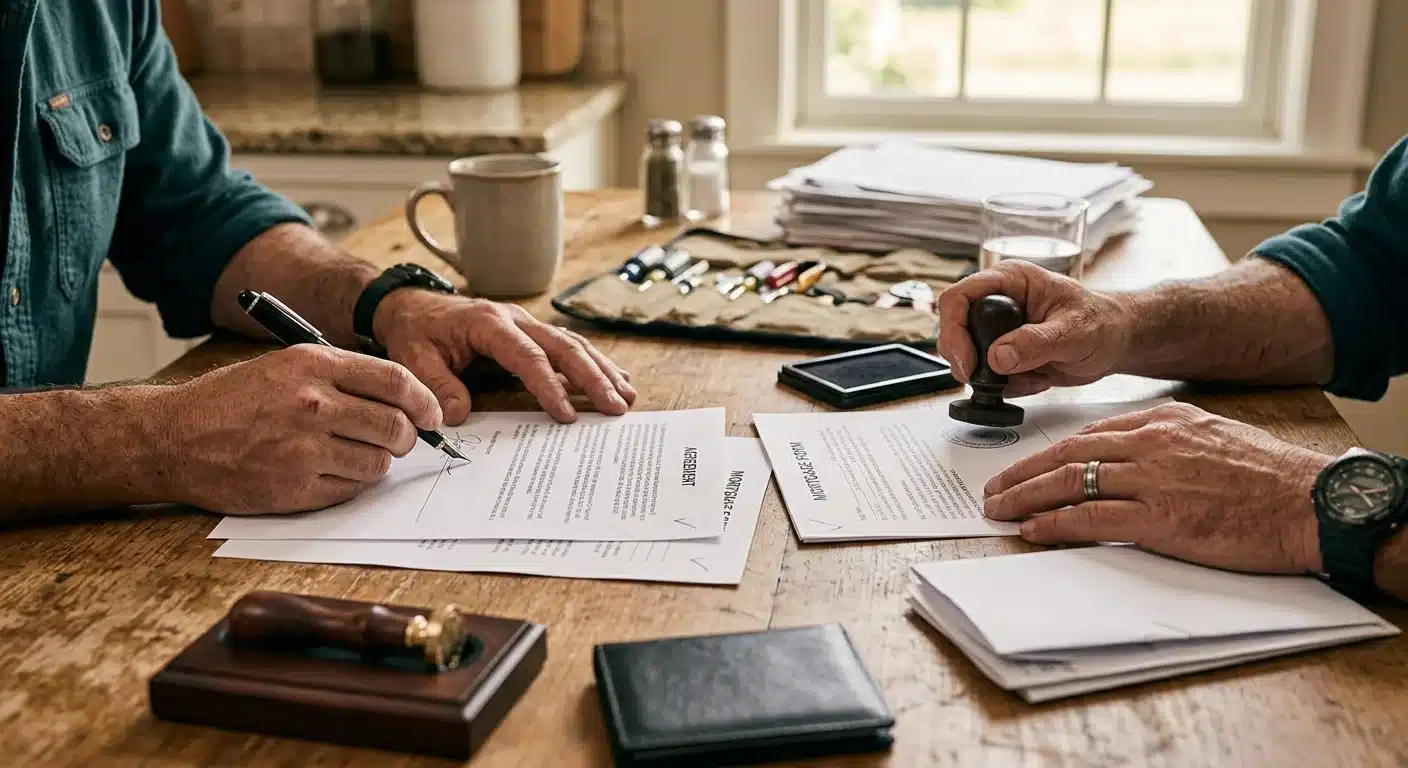 Photo of hands signing documents at a kitchen table with a notary stamp and pen visible, warm indoor lighting
