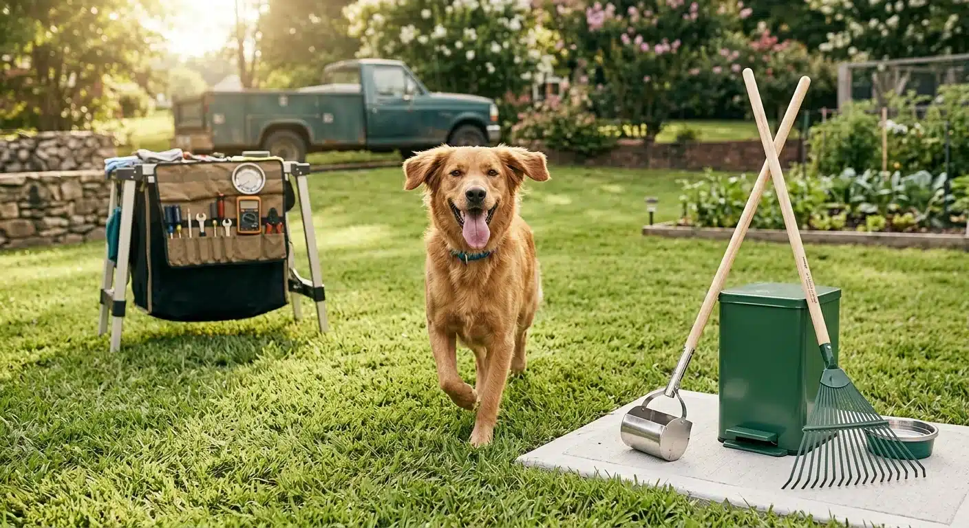 Photo of a happy dog in a clean tidy backyard with a scooper and small waste bin nearby, cheerful natural lighting