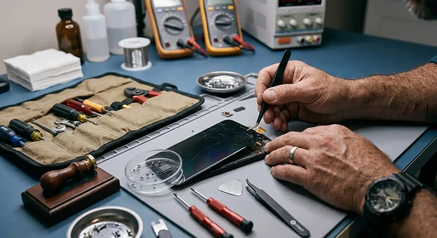 Close-up photo of a smartphone screen being repaired with small tools on a workbench, focused lighting, tech-repair aesthetic