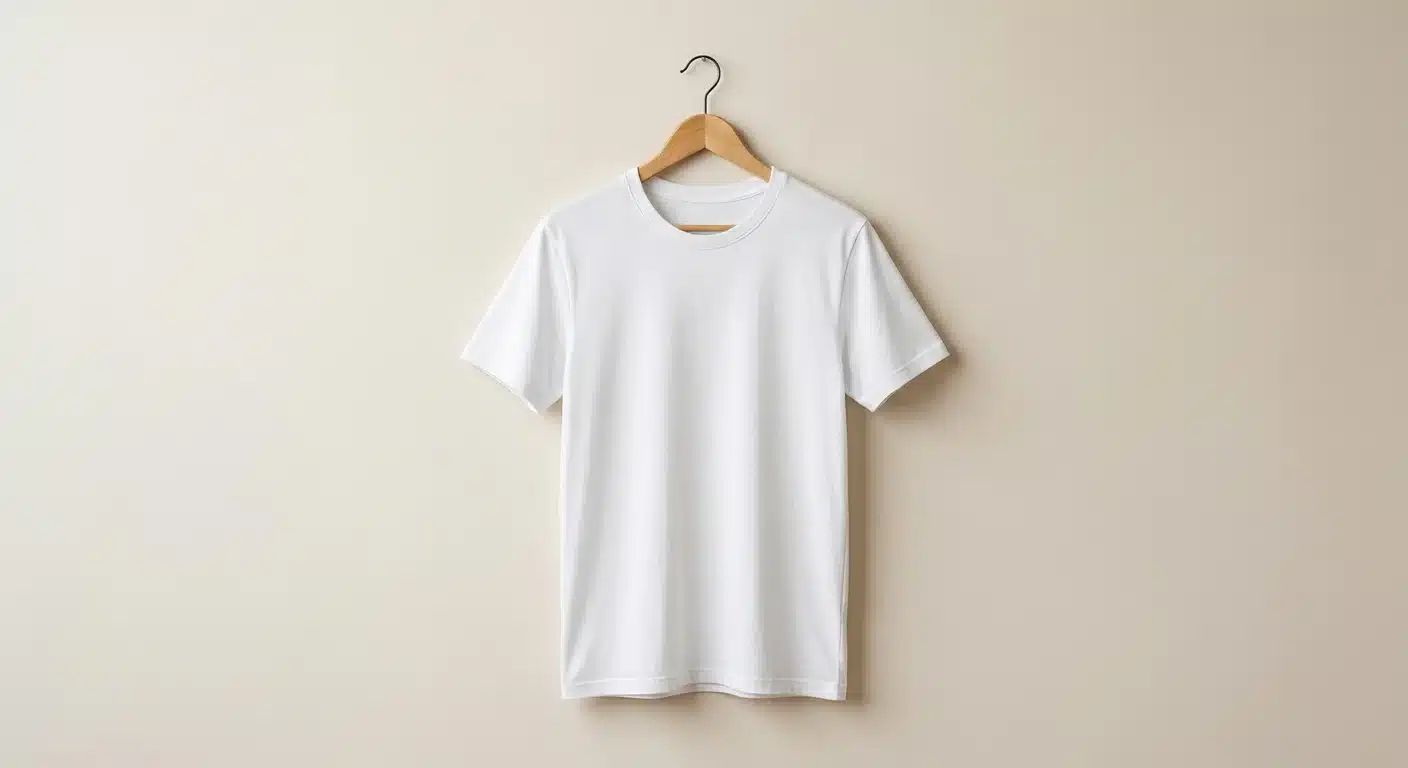 Blank t-shirt apparel mockup on a wooden table beside cardboard shipping boxes, cozy product studio