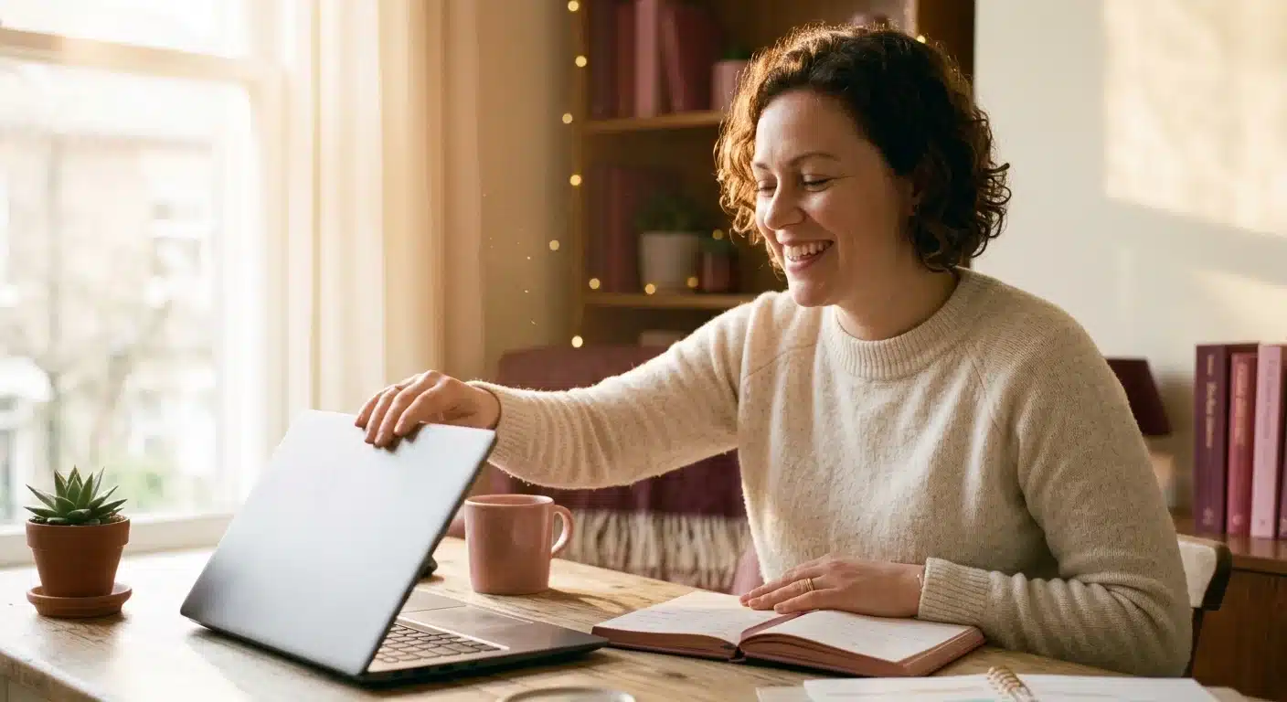 Woman smiling while closing her laptop at the end of a productive session, golden hour sunlight streaming in