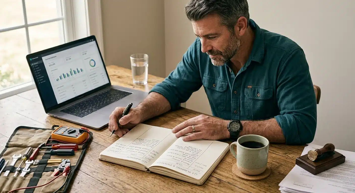 Photo of a small business owner reviewing paperwork or a laptop at a simple desk, calm and thoughtful mood, minimal styling