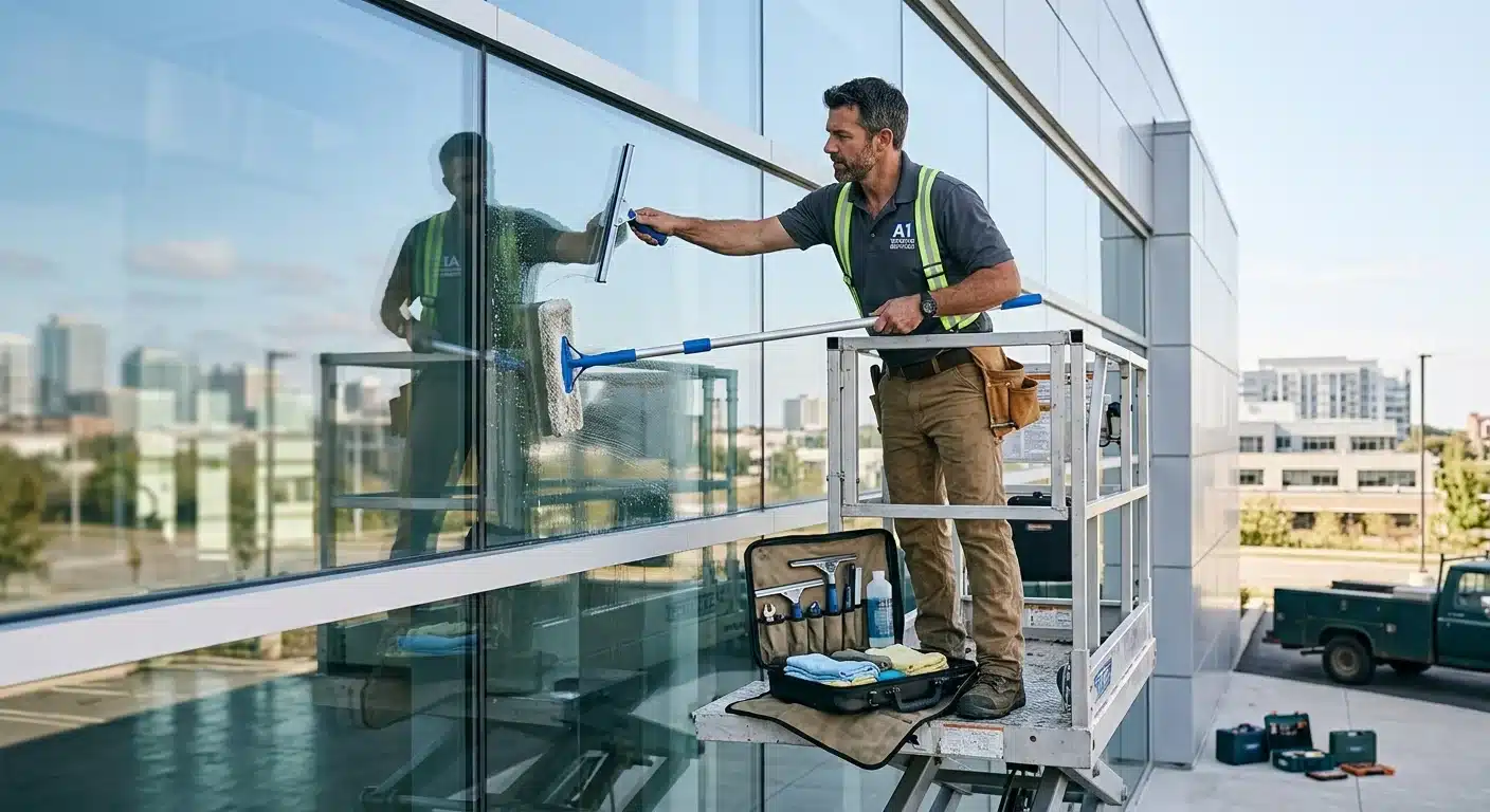 Photo of a person cleaning large glass windows on a commercial building exterior with a squeegee, daytime, clean composition