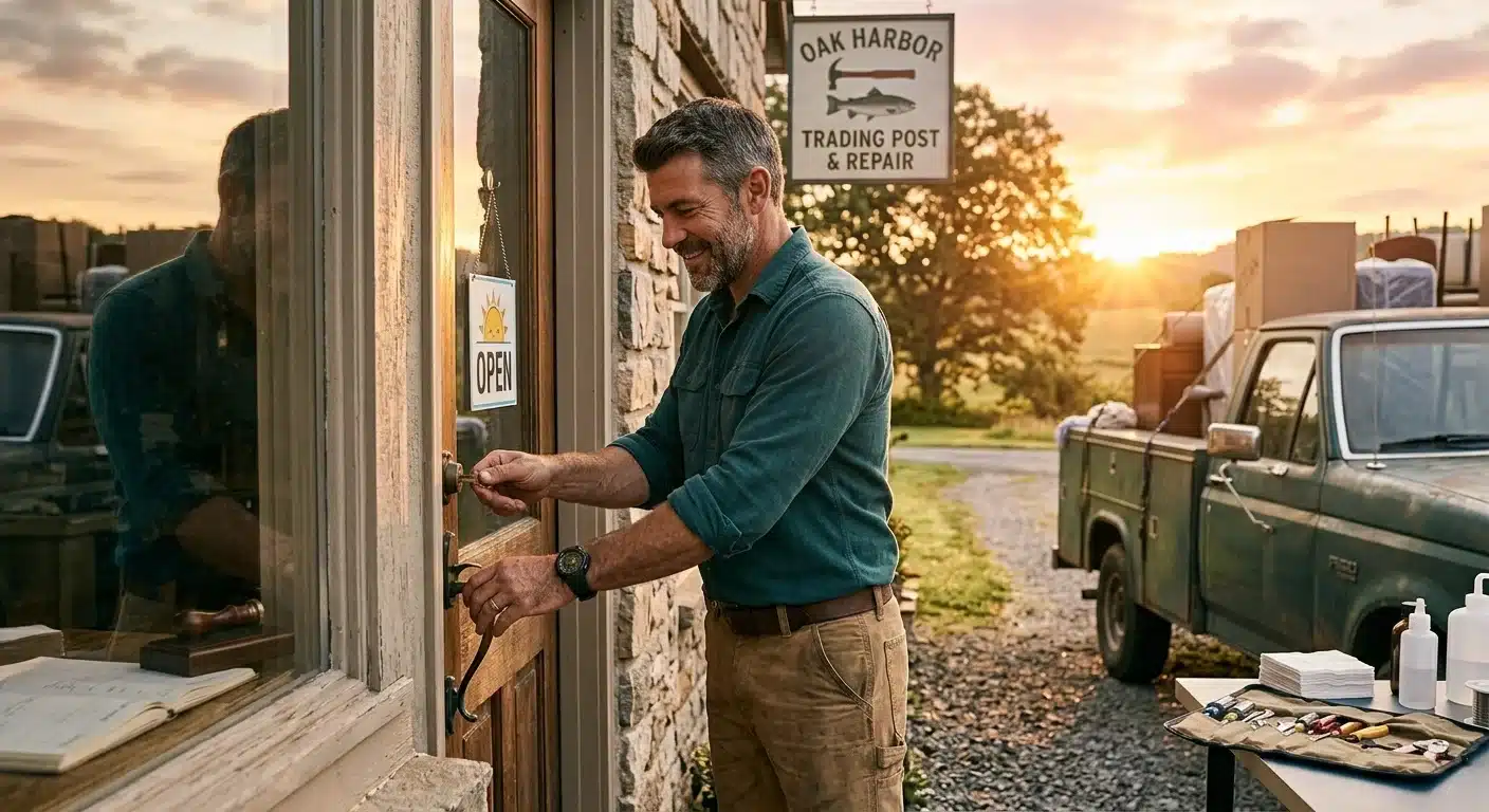 Photo of someone starting a work vehicle at sunrise, optimistic mood, warm morning light